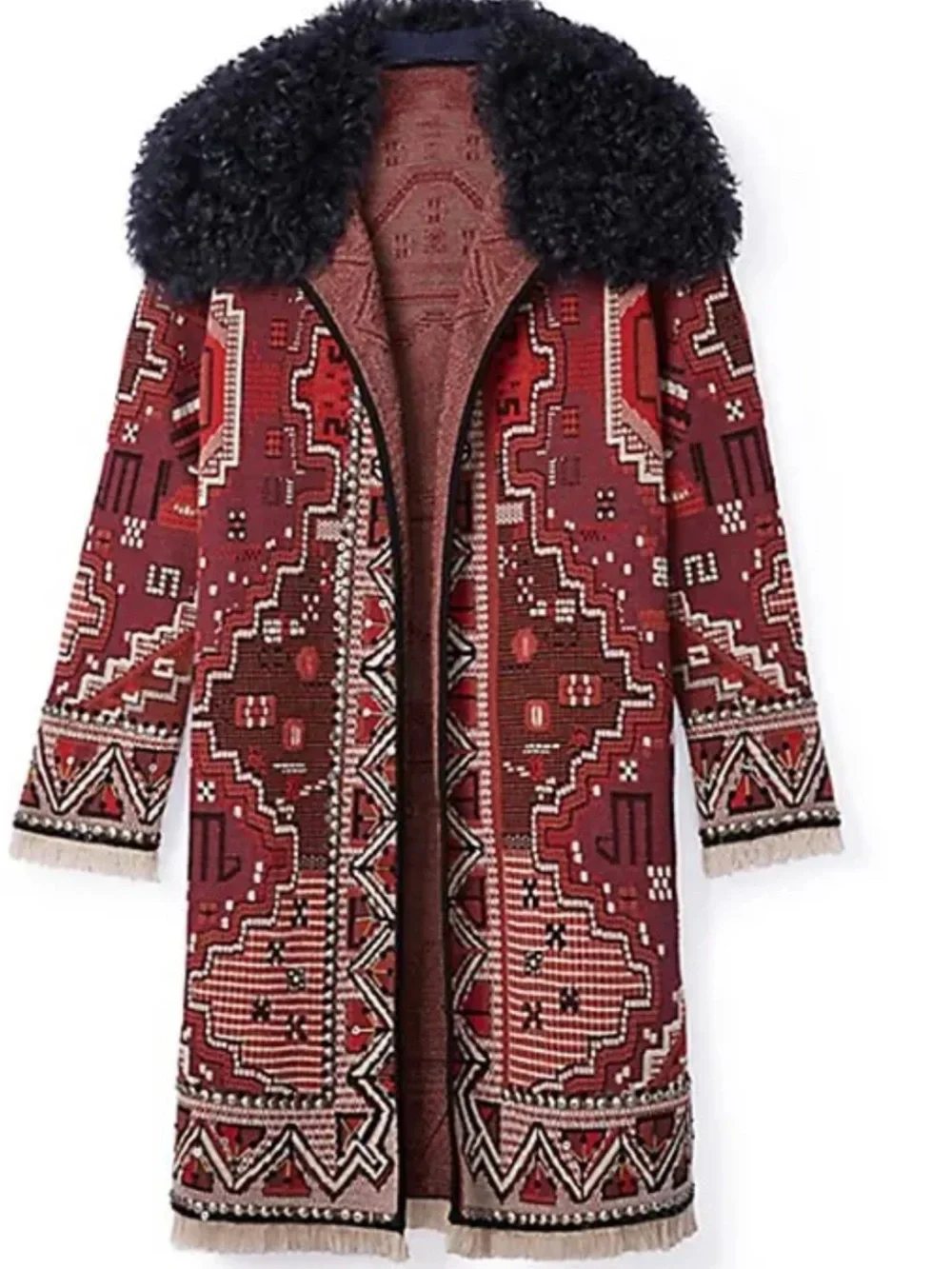 Tory Burch Burgundy Embroidered Coat with Black Faux Fur Collar